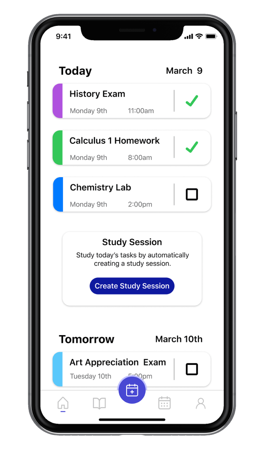 Screenshot of PlanIt app home screen for tracking school assignments and tasks