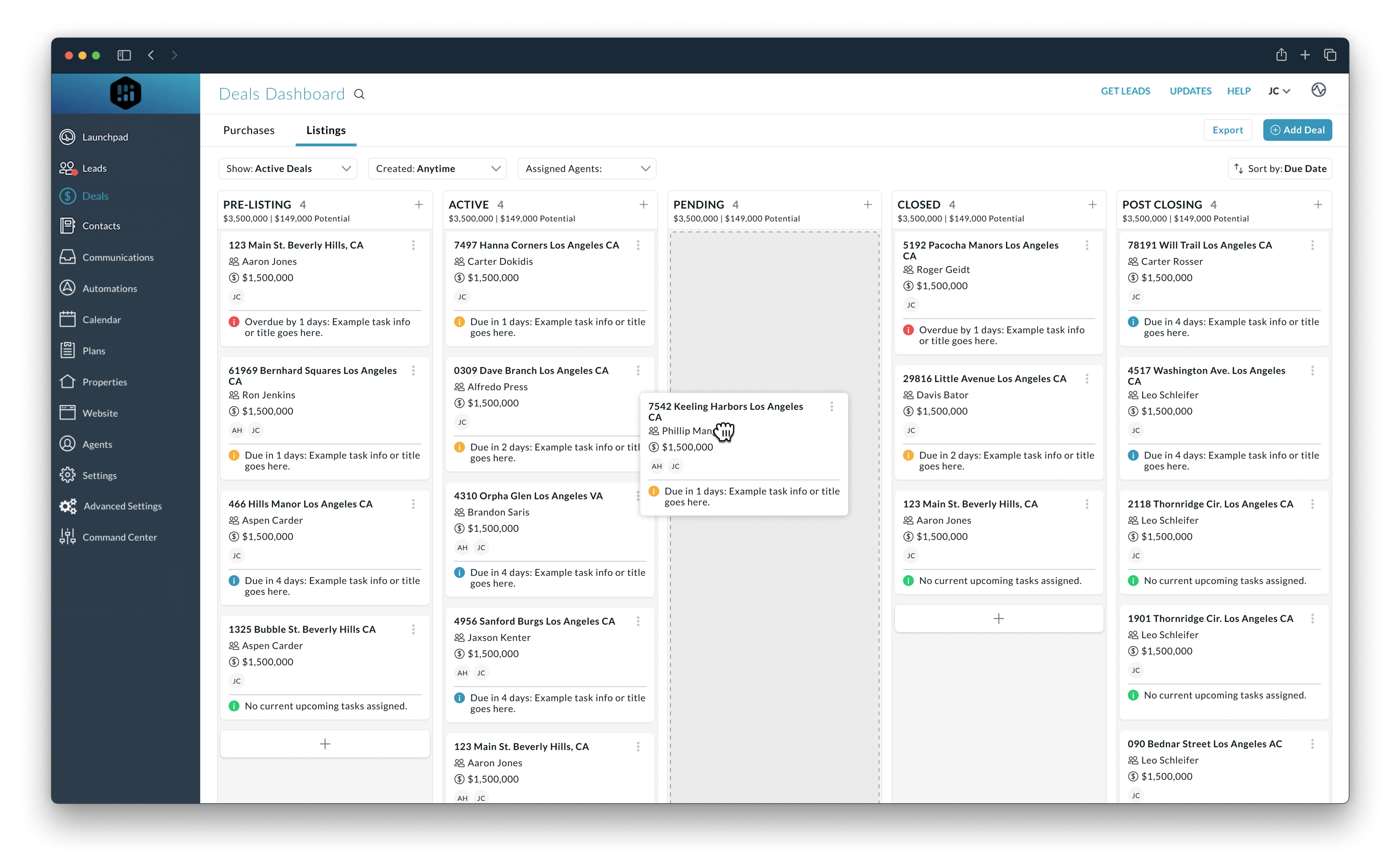 Screenshot of Deals dashboard for tracking real estate deals within the CINC platform